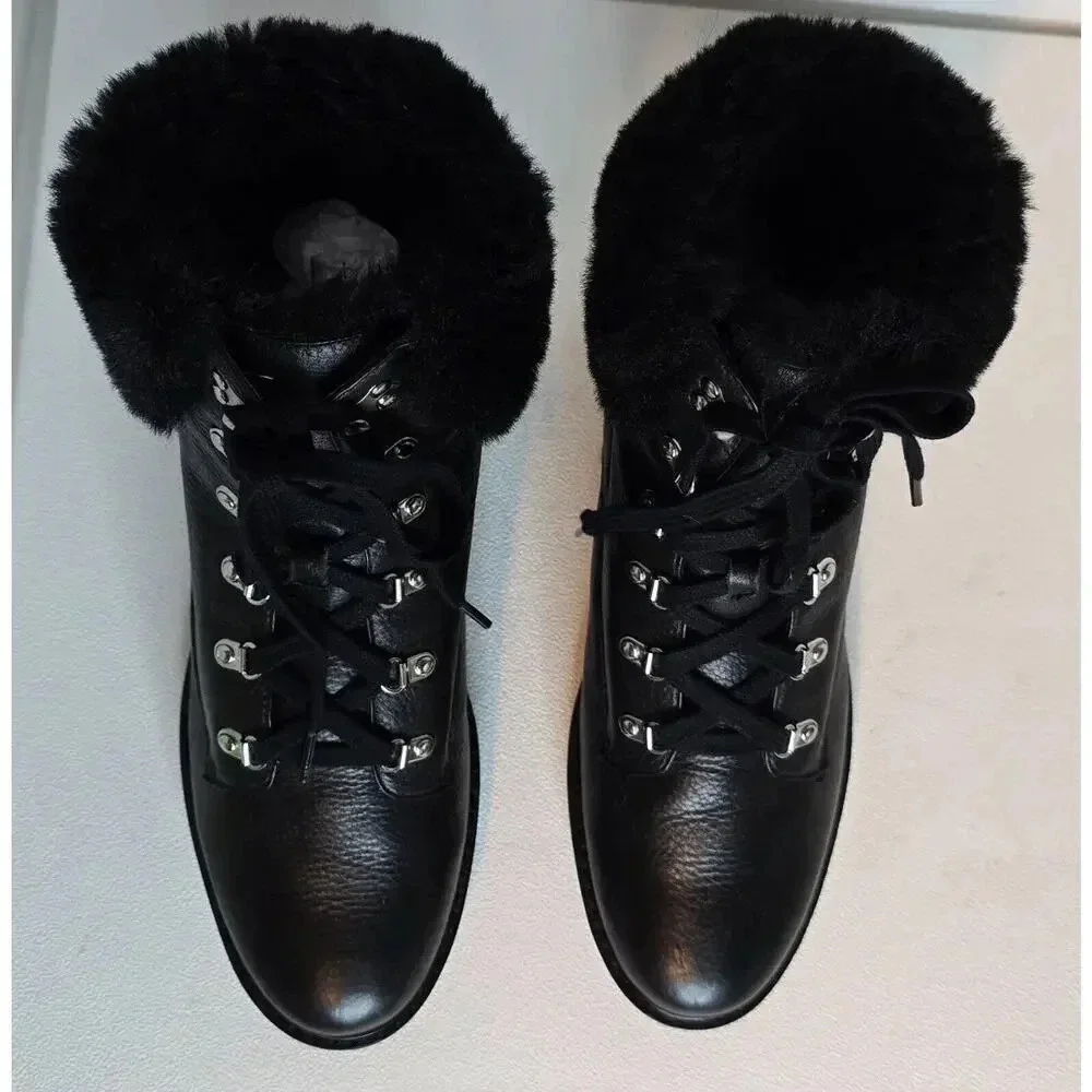WOMEN'S LAUREN RALPH LAUREN LEATHER TIE ANKLE BOOTS LANESCOT FAUX FUR BLACK 10 B - Picture 6 of 12